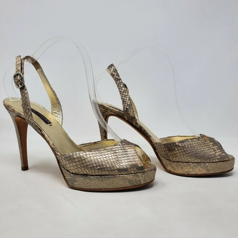 Ralph Lauren Snake Print Buckle Metallic Heels